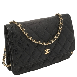 Pre Owned محفظة بسلسلة شانيل جلد كافيار مبطن سوداء