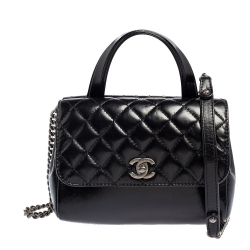 Pre Owned Chanel Black Glazed Quilted Leather CC Double Sided Flap Top Handle Bag