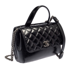 Pre Owned Chanel Black Glazed Quilted Leather CC Double Sided Flap Top Handle Bag