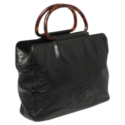 مملوكة مسبقًا حقيبة يد توتس شانيل حلقة تورتويس سي سي جلد سوفت أسود 