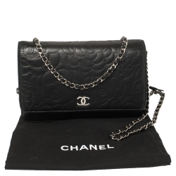 Pre Owned Chanel Black Camellia Leather Wallet On Chain