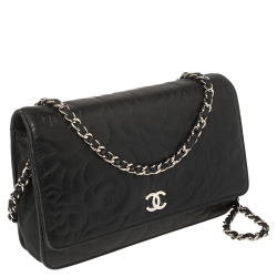 Pre Owned Chanel Black Camellia Leather Wallet On Chain
