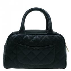 Pre Owned حقيبة شانيل باولر جلد كافيار أسود مبطن صغيرة
