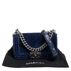 Pre Owned Chanel Blue Quilted Velvet and Leather Small Boy Flap Bag