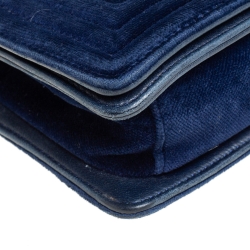 Pre Owned Chanel Blue Quilted Velvet and Leather Small Boy Flap Bag