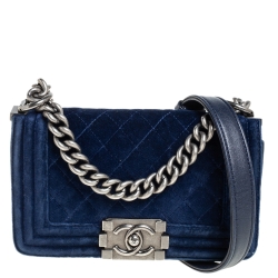 Pre Owned Chanel Blue Quilted Velvet and Leather Small Boy Flap Bag
