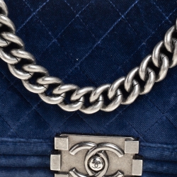 Pre Owned Chanel Blue Quilted Velvet and Leather Small Boy Flap Bag