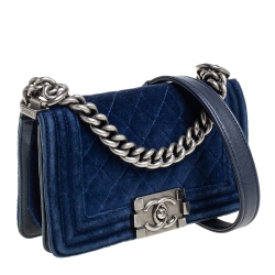 Pre Owned Chanel Blue Quilted Velvet and Leather Small Boy Flap Bag