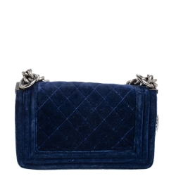 Pre Owned Chanel Blue Quilted Velvet and Leather Small Boy Flap Bag