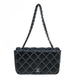 Pre Owned Chanel Black Quilted Chain Embellished Leather Full Flap Bag