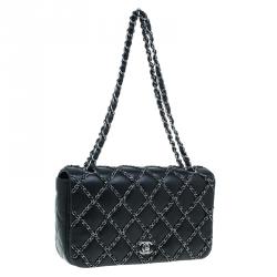 Pre Owned Chanel Black Quilted Chain Embellished Leather Full Flap Bag