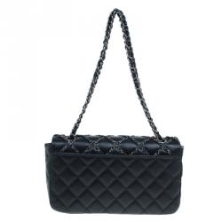 Pre Owned Chanel Black Quilted Chain Embellished Leather Full Flap Bag