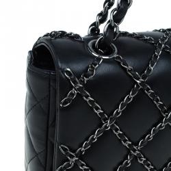 Pre Owned Chanel Black Quilted Chain Embellished Leather Full Flap Bag