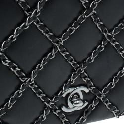 Pre Owned Chanel Black Quilted Chain Embellished Leather Full Flap Bag