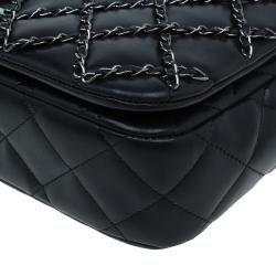 Pre Owned Chanel Black Quilted Chain Embellished Leather Full Flap Bag