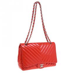 Pre Owned حقيبة يد شانيل كلاسيك جامبو تقسيمات شيفرون جلد  لامع وردي محمر 