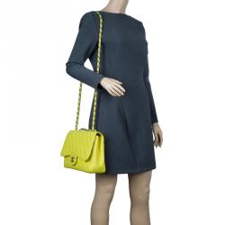 Pre Owned Chanel Yellow Quilted Caviar Leather Jumbo Classic Single Flap Bag