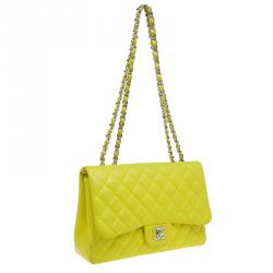 Pre Owned Chanel Yellow Quilted Caviar Leather Jumbo Classic Single Flap Bag