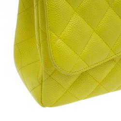 Pre Owned Chanel Yellow Quilted Caviar Leather Jumbo Classic Single Flap Bag