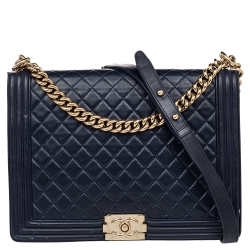 مملوكة مسبقًا Chanel Navy Blue Quilted Glazed Leather Large Boy Flap Bag