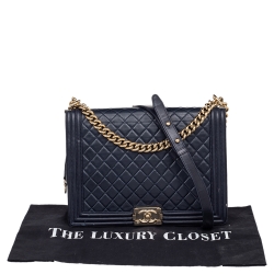 مملوكة مسبقًا Chanel Navy Blue Quilted Glazed Leather Large Boy Flap Bag