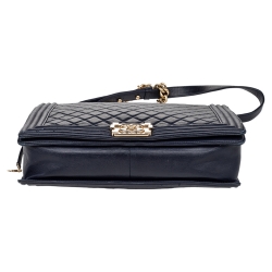 مملوكة مسبقًا Chanel Navy Blue Quilted Glazed Leather Large Boy Flap Bag