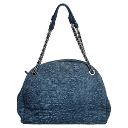 Pre Owned Chanel Blue Camellia Embroidered Denim and Leather Large Just Mademoiselle Bowler Bag