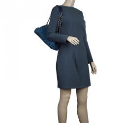 Pre Owned Chanel Blue Denim Camellia Embroidered Just Mademoiselle Bowling Bag