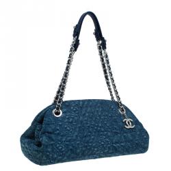 Pre Owned Chanel Blue Denim Camellia Embroidered Just Mademoiselle Bowling Bag