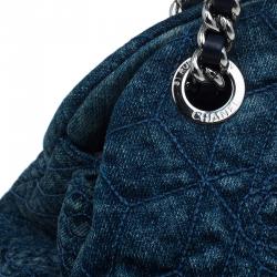 Pre Owned Chanel Blue Denim Camellia Embroidered Just Mademoiselle Bowling Bag
