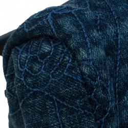 Pre Owned Chanel Blue Denim Camellia Embroidered Just Mademoiselle Bowling Bag