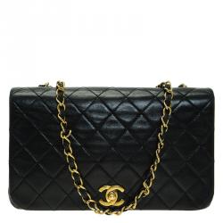 Pre Owned Chanel Black Quilted Lambskin Leather Vintage Full Flap Bag