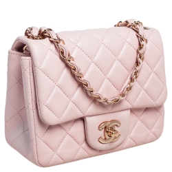 Pre Owned Chanel Pink Quilted Lambskin Leather Mini Square Classic Flap Bag