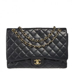 Pre Owned حقيبة شانيل ماكسي كلاسيك جلد كافيار مبطن أسود ذات قلاب 