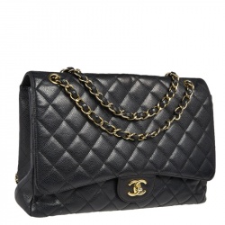 Pre Owned حقيبة شانيل ماكسي كلاسيك جلد كافيار مبطن أسود ذات قلاب 