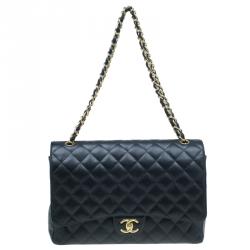 Pre Owned Chanel Black Quilted Caviar Leather Maxi Classic Double Flap Bag