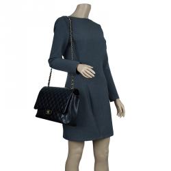 Pre Owned Chanel Black Quilted Caviar Leather Maxi Classic Double Flap Bag