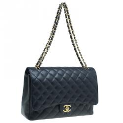 Pre Owned Chanel Black Quilted Caviar Leather Maxi Classic Double Flap Bag