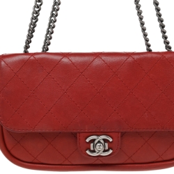 Pre Owned حقيبة شانيل جلد مبطن أحمر بقلاب واحد 