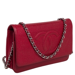 Chanel Red Caviar Leather CC Timeless Wallet On Chain
