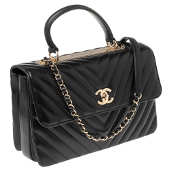 Pre Owned Chanel Black Chevron Lambskin Leather Trendy CC Medium Top Handle Bag