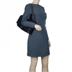 Pre Owned حقيبة يد شانيل ماكسي 3 آكورديون بقلاب جلد خروف مبطن سوداء