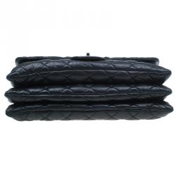 Pre Owned حقيبة يد شانيل ماكسي 3 آكورديون بقلاب جلد خروف مبطن سوداء