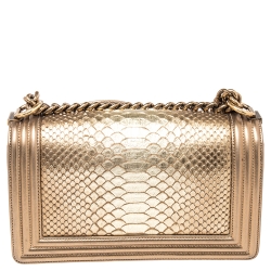Pre Owned Chanel Metallic Gold Python and Leather Medium Boy Flap Bag