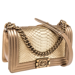 Pre Owned Chanel Metallic Gold Python and Leather Medium Boy Flap Bag