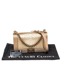 Pre Owned Chanel Metallic Gold Python and Leather Medium Boy Flap Bag
