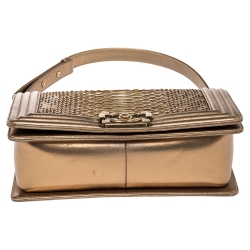 Pre Owned Chanel Metallic Gold Python and Leather Medium Boy Flap Bag