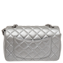 Pre Owned Chanel Pearl Grey Quilted Leather New Mini Classic Single Flap Bag