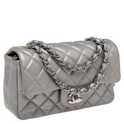 Pre Owned Chanel Pearl Grey Quilted Leather New Mini Classic Single Flap Bag