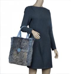Pre Owned Chanel Grey/Blue Rabbit Fur Tote with Pouch